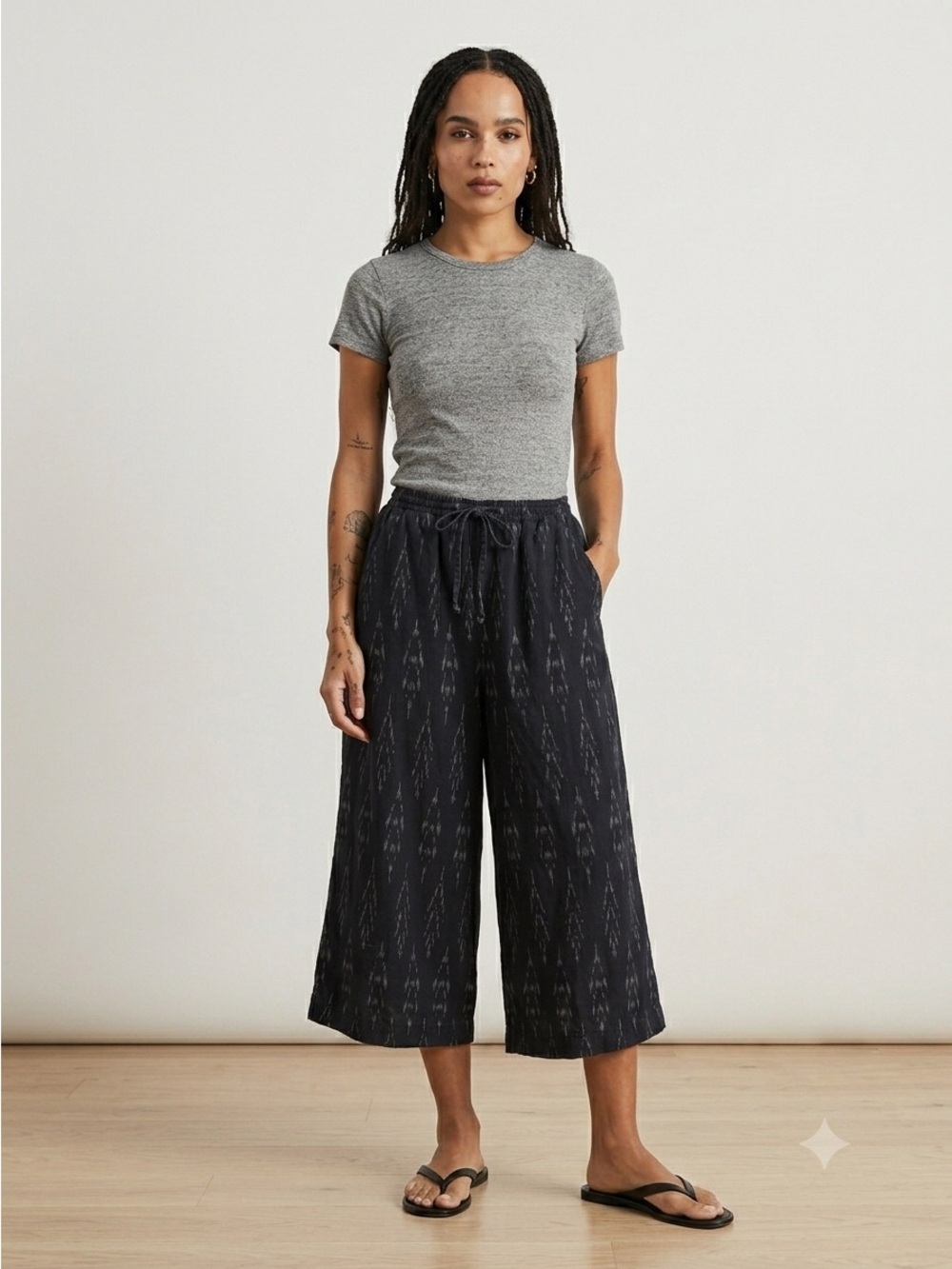 Navy Blue Ikat Woven Pattern Cotton Wide Leg Culottes Capri Pants  - Small